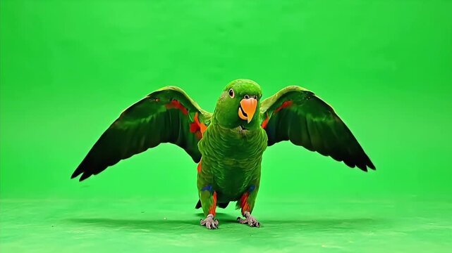 Eclectus Parrot on Green Screen Spreading Wings and Flying.