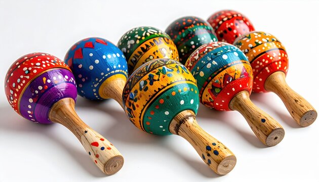 Collection of vibrant, colorful, and traditional wooden maracas on a white background.