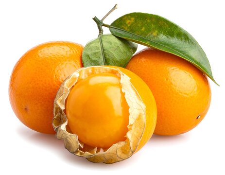 Grouping of golden berries, one partially peeled revealing the bright fruit, alongside leaves, isolated on a white backdrop