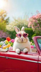 Fototapeta premium Easter rabbit in sunglasses driving red convertible, spring garden backdrop, colorful eggs in car, tulip flowers arrangement, festive holiday celebration, sunny outdoor scene