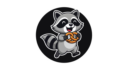 Obraz premium Cartoon raccoon holding pretzel illustration