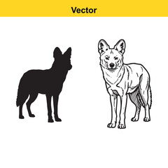 A black silhouette and a detailed line art drawing of a wild african dog standing in profile view