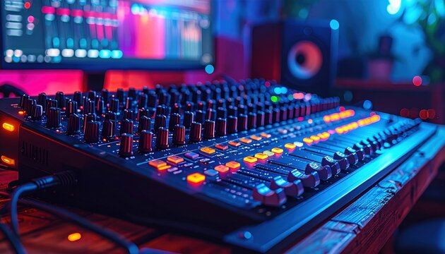 Professional audio mixing console with illuminated faders and knobs in a dimly lit studio environment