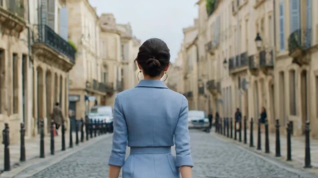 女性が街角で上品に佇む装いのポーズ写真例