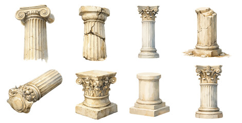 A watercolor set of roman columns for classical architecture designs, ancient temple illustrations, historical decor, and antique stone column artwork.