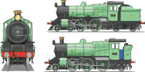 Vintage steam locomotive train illustration showing front and side views classic railway engine transport machine detailed historical rail transport vehicle © Hello there