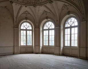 Obraz premium An expansive, old interior shot showcasing three tall arched windows that offer outside views. The room features ornate ceiling details