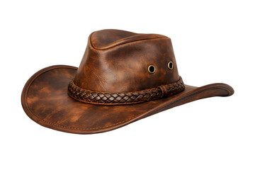 Brown leather cowboy hat with wide brim and braided band, symbolizing rugged Western style and outdoor tradition.