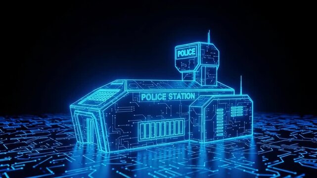 Glowing Neon-blue Digital Police Station Model Displayed On Circuit Board Surface Set Against Dark Background For Futuristic Law Enforcement Tech-related Concept Visualizations