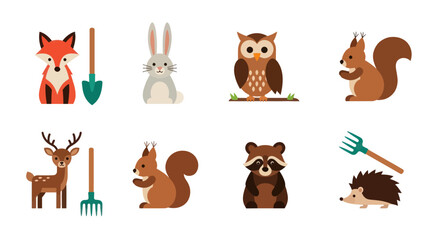 Fototapeta premium Cartoon forest animals with garden tools
