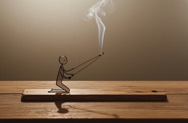 Stick figure lights match smoke rises against warm-toned wooden table