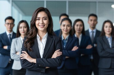 Fototapeta premium Confident businesswoman leads team smiling proudly in front of modern