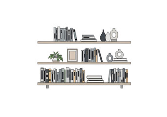 Fototapeta premium Modern wall shelves with books and decorative vases grey and brown png on transparent background