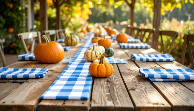 Autumn Harvest Table Setting with Pumpkins and Blue Checkered Linens