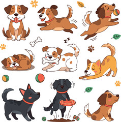Obraz premium Cute Cartoon Dogs Playing Set Vector Illustration Collection with Different Puppy Activities Running Sleeping Jumping Fetching Frisbee and Ball