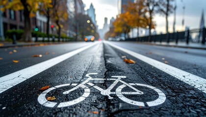 Obraz premium White Bicycle Symbol Painted on Textured Black Asphalt City Street Lane for Cycling Commute