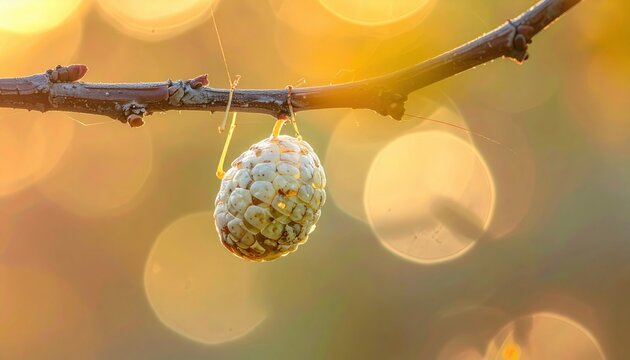 Praying Mantis Ootheca Hanging on a Twig with Soft Golden Bokeh Background, Representing Insect Life and Future Hatching