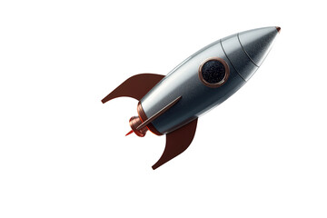 Fototapeta premium Retro rocket flying into space, exploring new worlds, achieving breakthrough future technology and innovation