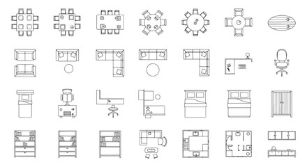 Obraz premium Top-Down Furniture Icons And Floor Plan Symbols Set For Interior Design And Architectural Plans