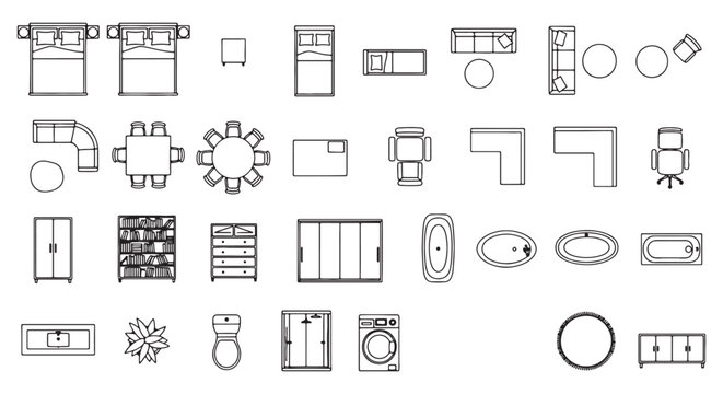 Furniture Floor Plan Outline Icons Set, Beds Sofas Tables Bathroom Fixtures Top View Vector Collection