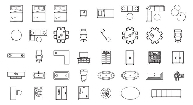 Furniture Floor Plan Outline Icons Set, Beds Sofas Tables Bathroom Fixtures Top View Vector Collection