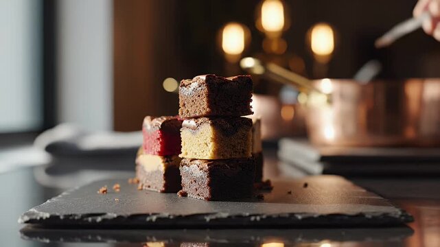A chef uses metal tweezers to carefully place a small square chocolate brownie onto a delicate stack of colorful cake bites resting on a dark slate board.
