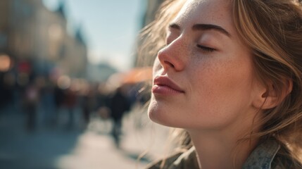 Fototapeta premium Close-up of a woman's face with her eyes closed and a calm expression on the street