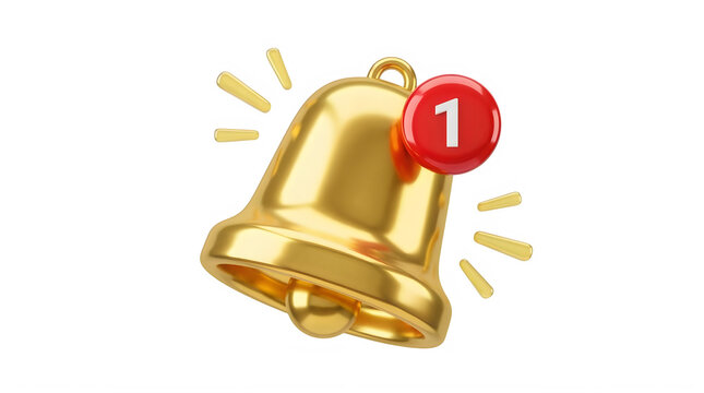 Golden notification bell icon with red alert badge isolated on transparent background