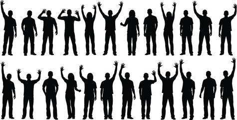 Crowd of people silhouettes raising hands diverse standing figures waving greeting isolated on white background human group participation concept illustration vector set © Mijanur