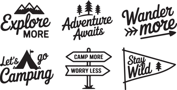 camping badge set with mountain tent pine tree signpost flag