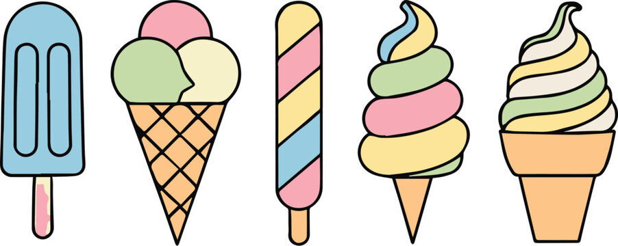 ice cream popsicle cone soft serve food illustration vector asset set