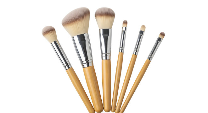 Professional six-piece makeup brush set featuring natural bamboo handles and soft two-toned synthetic bristles, isolated on a clean white background.