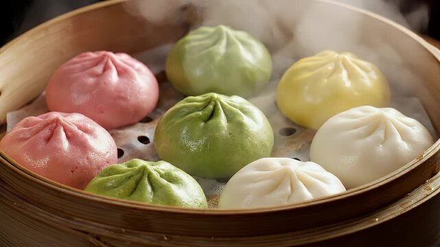 Colorful Steamed Bao with Rising Steam in Bamboo Steamer, Freshly Cooked