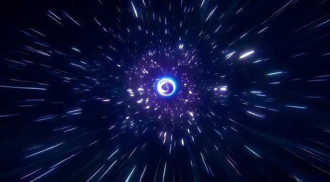 Abstract cosmic hyperspace tunnel with light streaks leading to a blue core