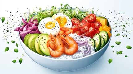 Healthy Shrimp Poke Bowl with Rice and Fresh Vegetables.