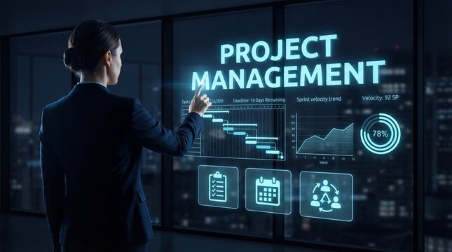 A business professional interacts with a digital display showing project management data. The office has a view of city lights at night. The person points at charts and graphs