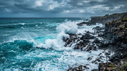 Fototapeta premium Turquoise ocean wave cresting and breaking near a rugged rocky coastline
