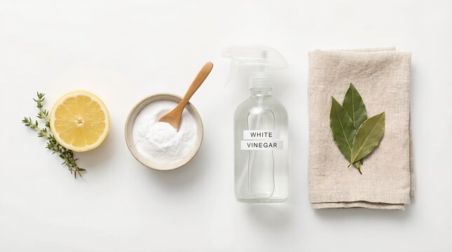 Composition featuring cleaning products, lemon, leaves and baking soda on a surface. These supplies are arranged together, suggesting a homemade and natural approach to cleaning