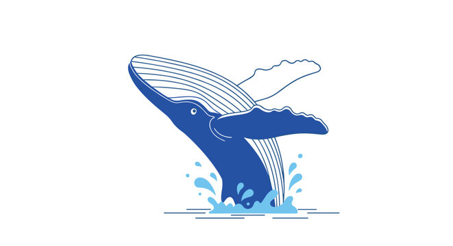 A large blue whale is dynamically depicted breaching out of stylized blue water with splashes and ripples against a pure white background.