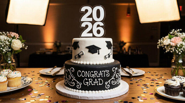 Vertical photo of a two-tier graduation cake with 2026 topper. Black and white cake with Congrats Grad text and fondant decorations