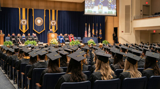 Back view of graduates in black caps and gowns attending a commencement ceremony. University students sitting in an auditorium during graduation event