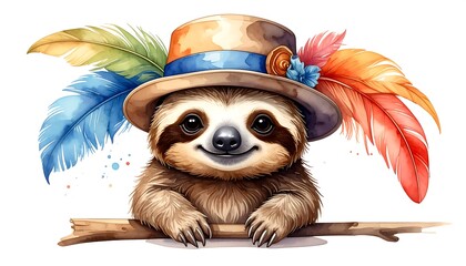 Fototapeta premium A charming, watercolor-style illustration of a sloth sporting a stylish hat adorned with colorful feathers, and a friendly, welcoming expression