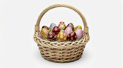 Easter eggs and a bunny figure in a woven basket for  holiday celebration on a white background