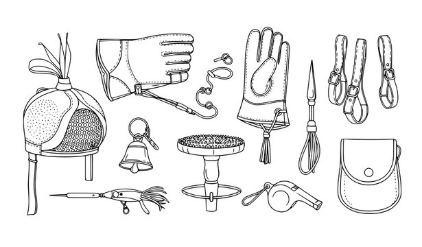 Falconry training equipment outline vector set with hood glove perch lure and bell