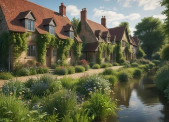 Naklejka premium Cottages surrounded by lush greenery near Abbey Mill in Tewkesbury, nature , cottages, tewkesbury