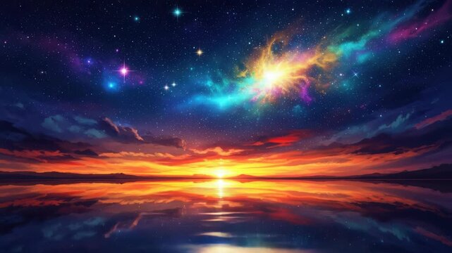 Sunset Paints The Sky Above Calm Waters With Colorful Reflections Stars Nebulas Shining For Desktop Backgrounds Digital Art Print Materials