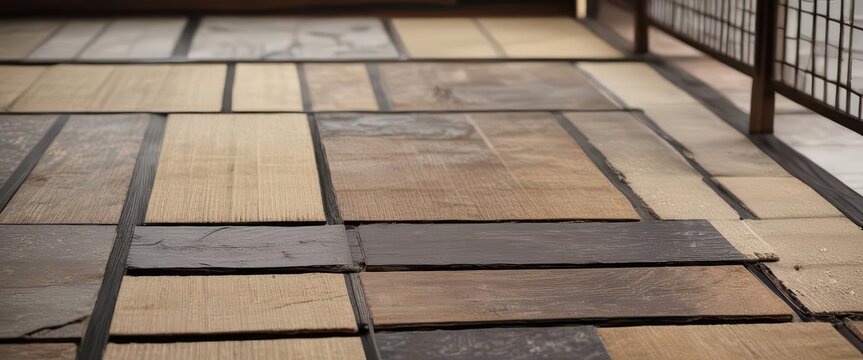 Dark wooden tatami mat on natural stone floor with shoji screens in soft focus, tattoo,  japanese style,  shoji screen