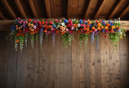 Decorative flowers hanging from a wooden beam in a rustic barn ceiling ,  lanterns,  beams,  rustic