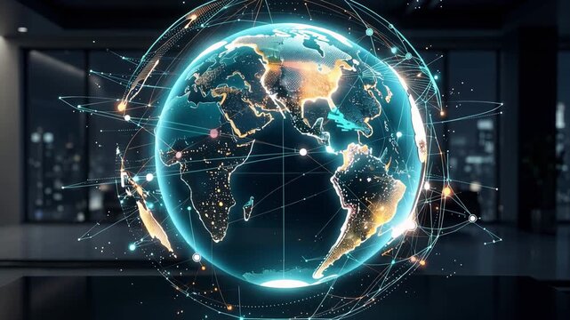 Vibrant blue digital Earth globe rotating, displaying a glowing, interconnected network of data points and lines, representing global communication video.
