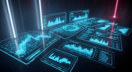 Obraz premium Data Interface Visualization: Futuristic digital interfaces, showcasing complex data streams and analytical readouts, emanate an aura of innovation and technological advancement.